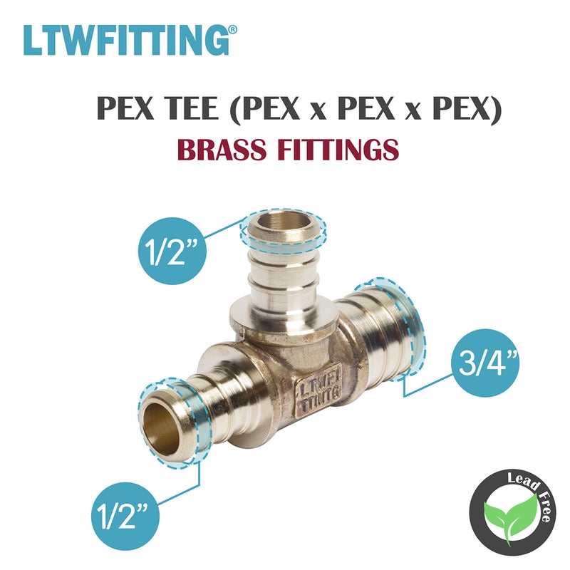 LTWFITTING No Lead Brass PEX Crimp Fitting 3/4-Inch x 1/2-Inch x 1/2-Inch PEX Tee (Pack of 5) - Image 2